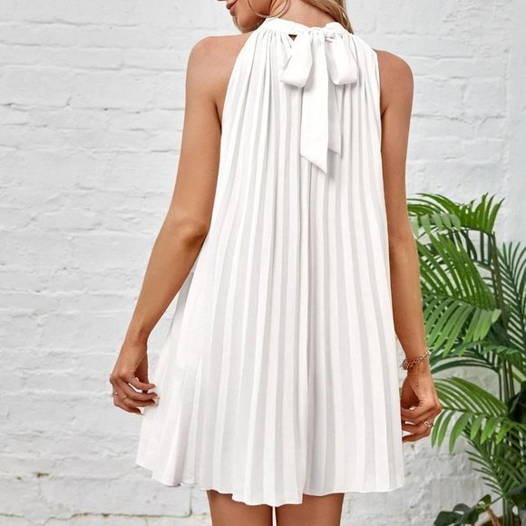 White Preppy Womens Tie Back Pleated Halter Dress - Picture 3 of 5